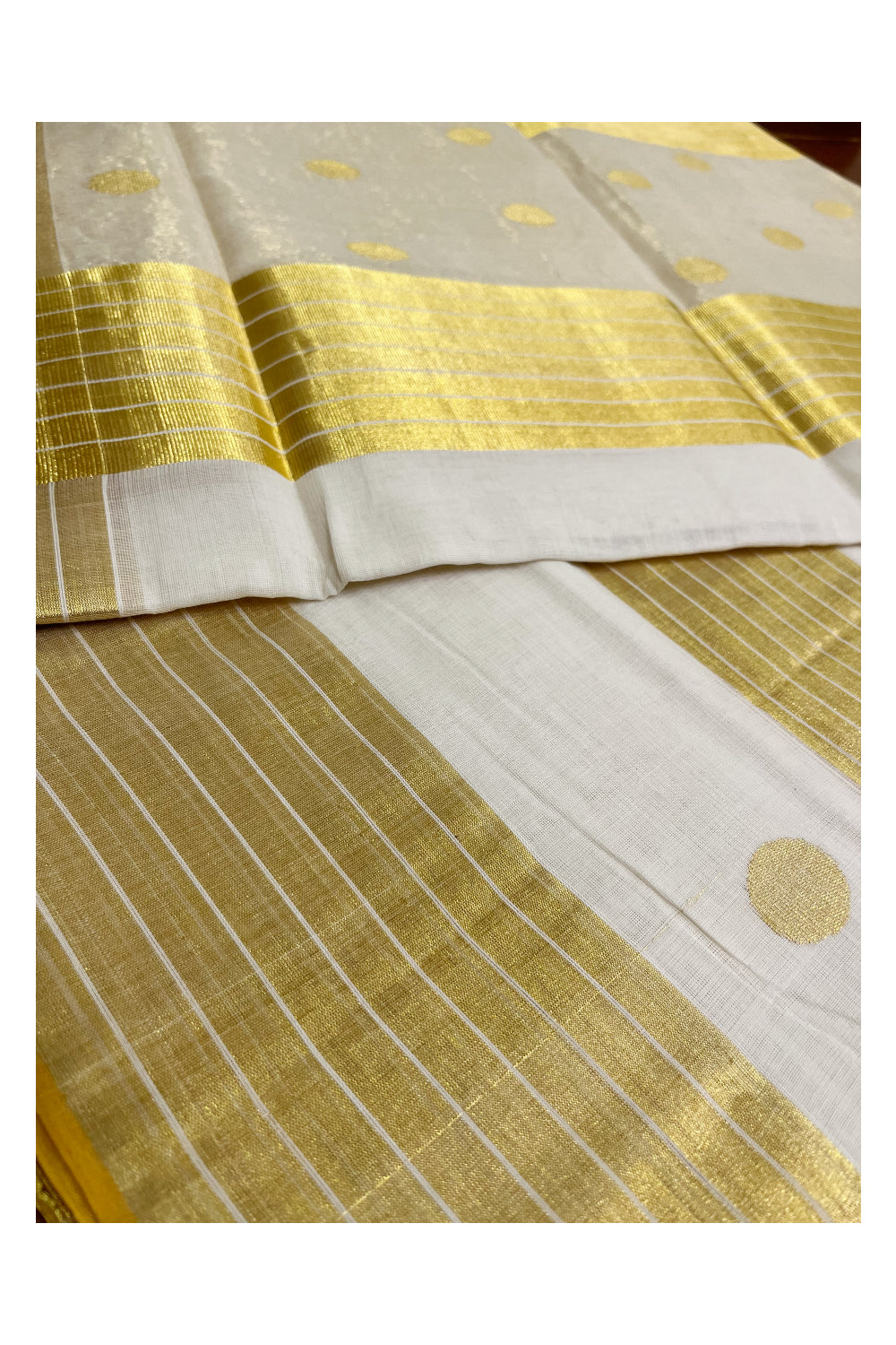 Southloom Premium Handloom Balaramapuram Unakkupaavu Tissue Kasavu Saree With Golden Polka Woven Designs on Body