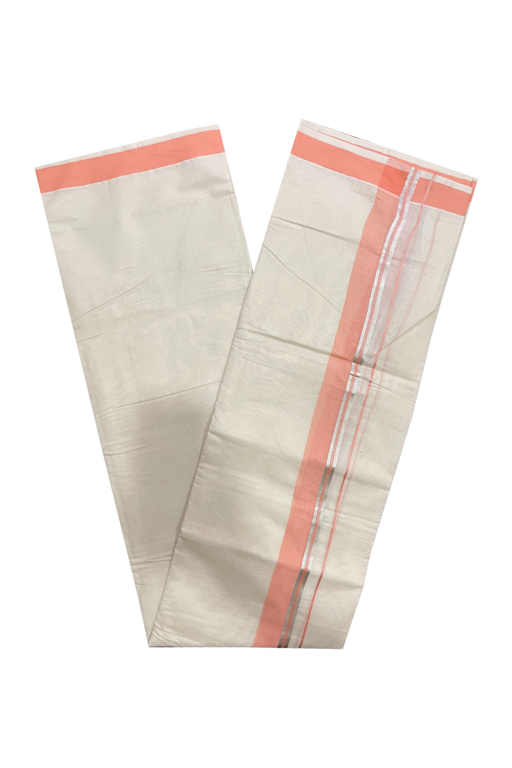 Pure Cotton Kerala Double Mundu with Peach and Silver Kasavu Kara (South Indian Kerala Dhoti)