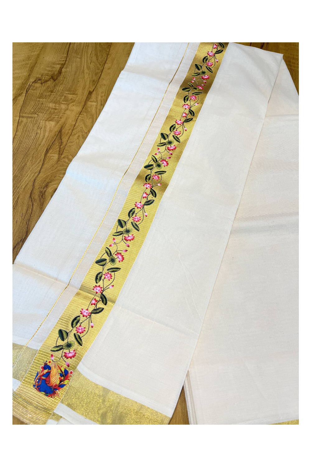 Pure Cotton Off White Double Mundu with Block Prints on Kasavu Kara (South Indian Dhoti)