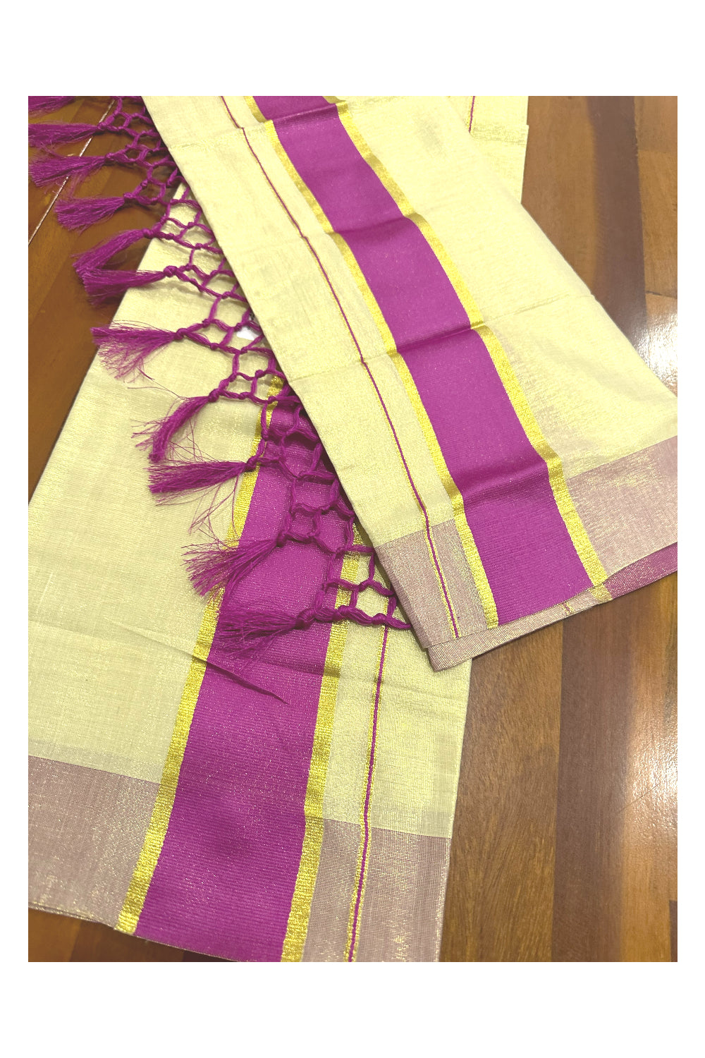 Kerala Tissue Kasavu Set Mundu (Mundum Neriyathum) with Magenta Border Tassels on Pallu