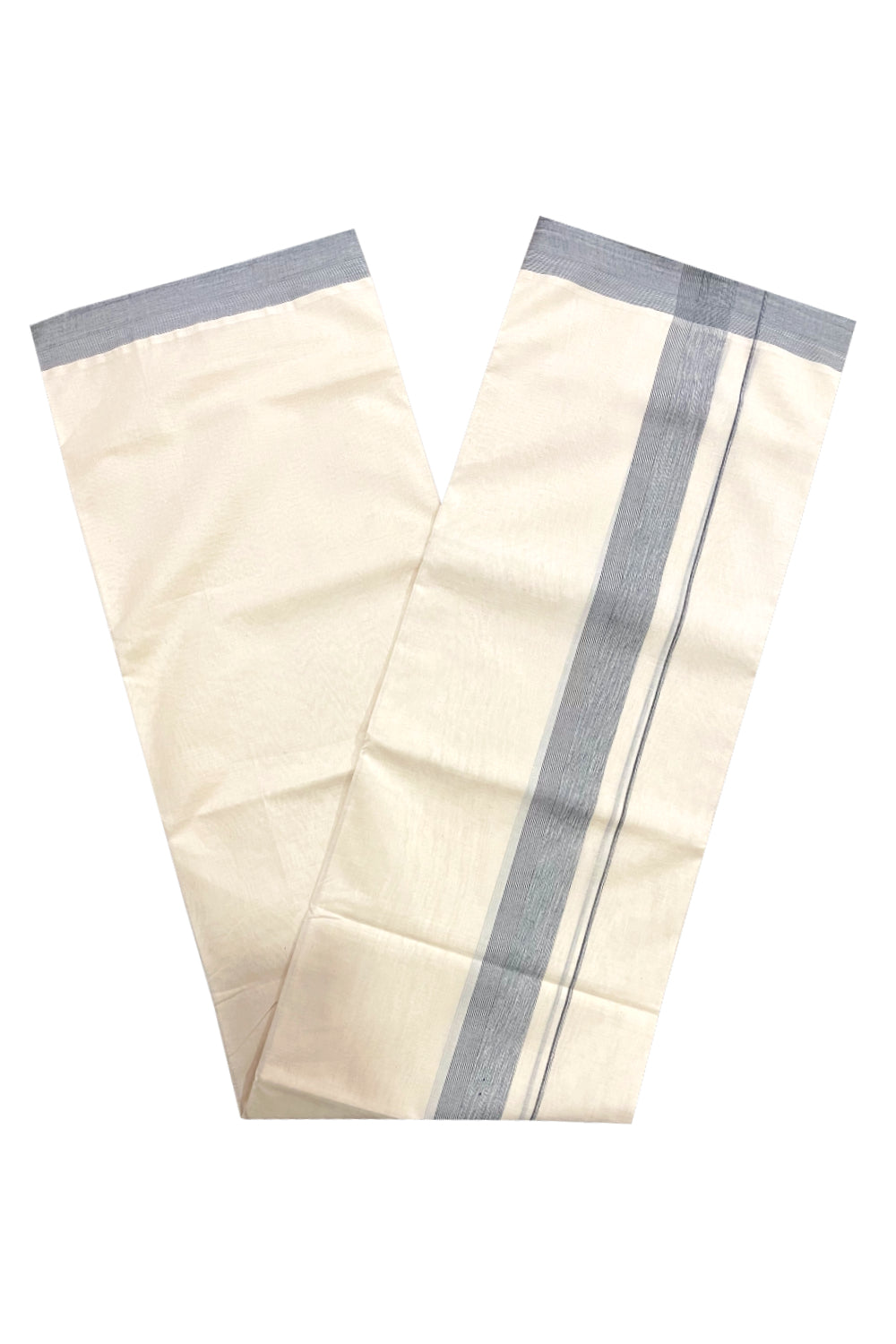 Pure Cotton Off White 100x100 Double Mundu with Grey Border (South Indian Kerala Dhoti)