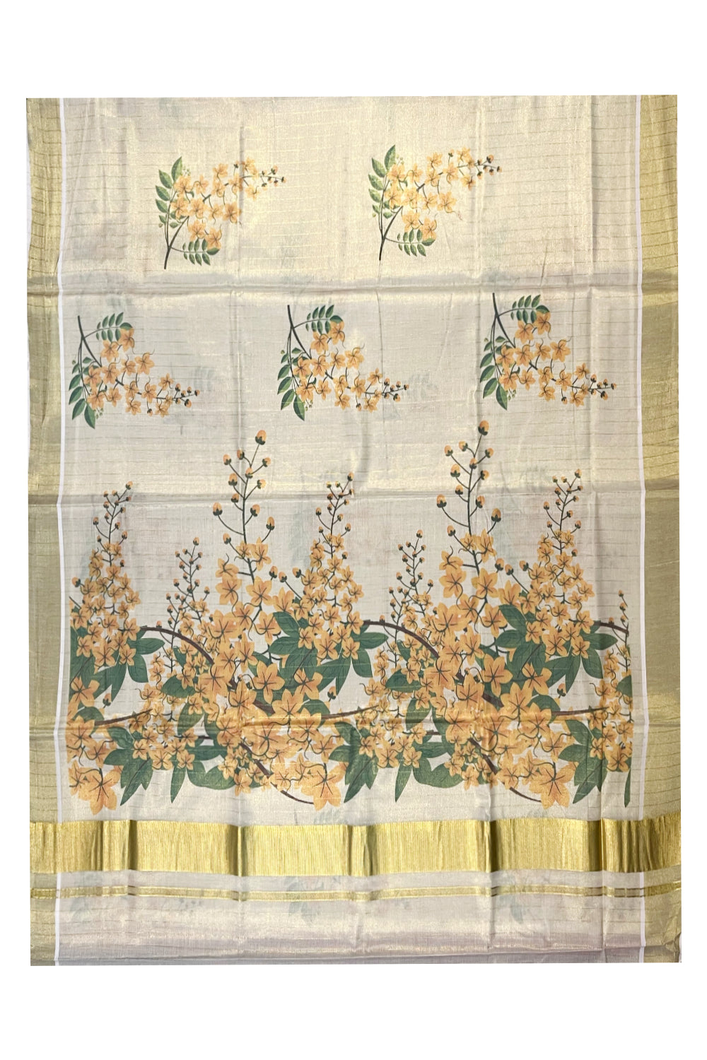 Kerala Tissue Kasavu Lines Design Saree with Kanikonna Floral Prints on Body