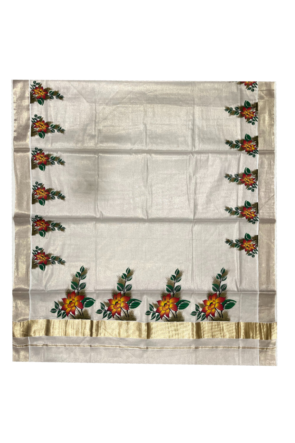 Kerala Tissue Kasavu Saree with Floral Block Printed Designs