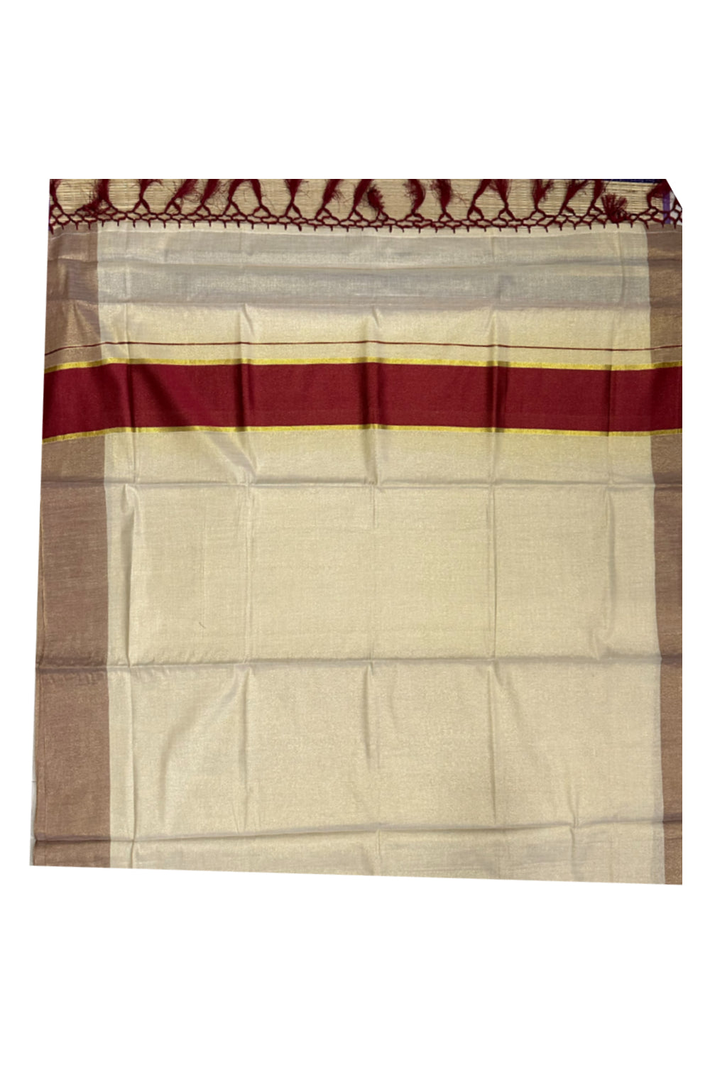 Kerala Kasavu Tissue Saree with Maroon Kara and Border (Onam Saree 2023)