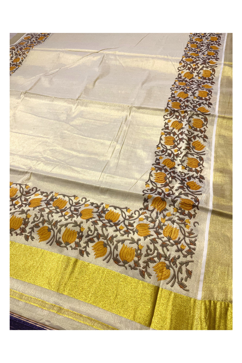 Southloom Jaipur Artisans & Kerala Weavers Collab Yellow and Grey Floral Printed Tissue Kasavu Saree