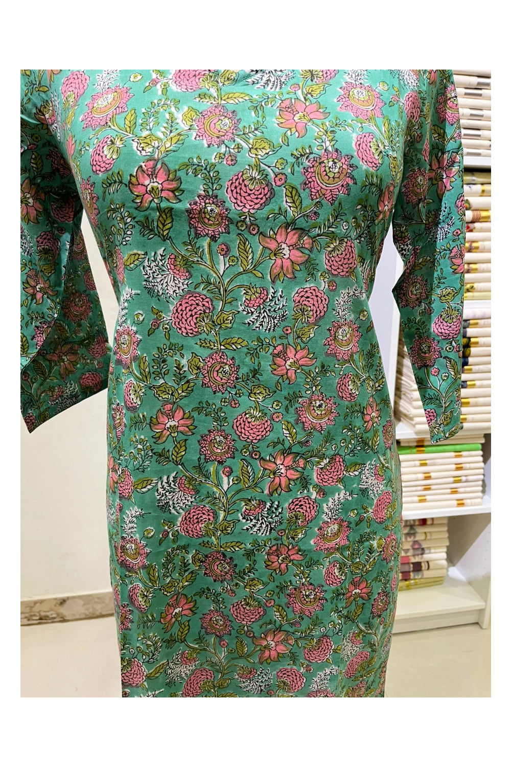 Southloom Stitched Cotton Kurti in Green and Pink Printed Designs