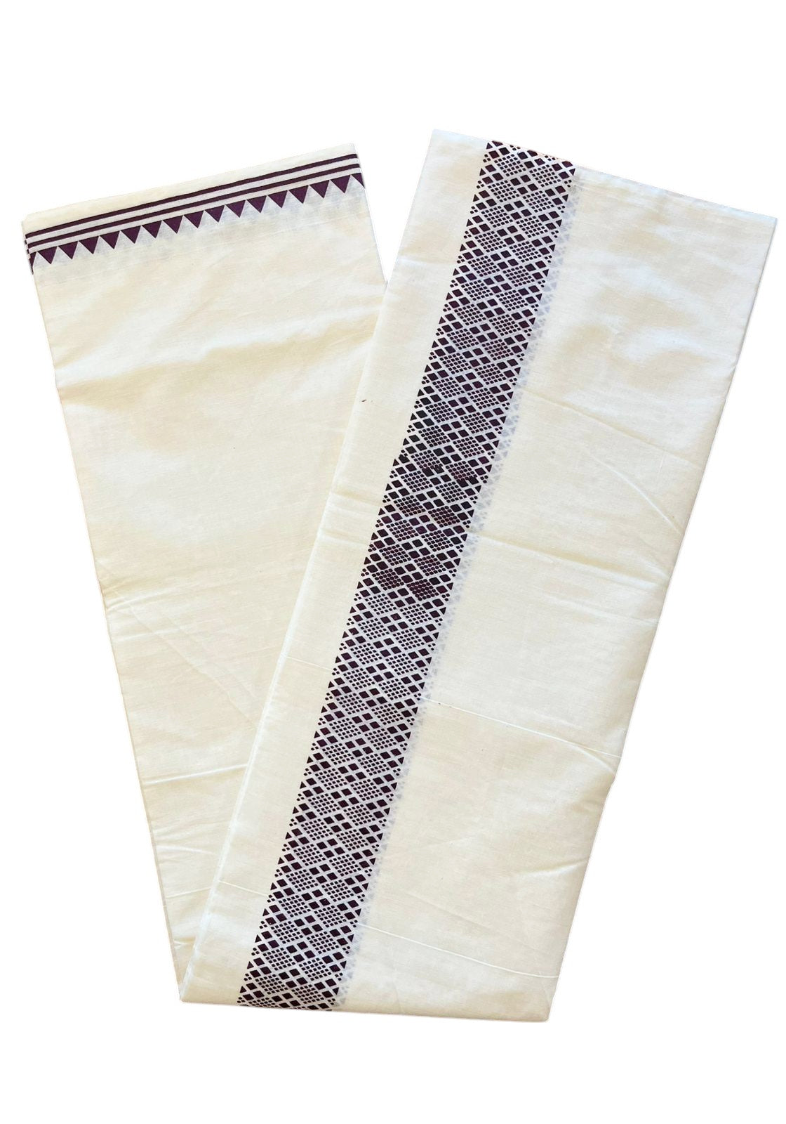 Pure Cotton Off White Double Mundu with Violet Block Prints On Border (South Indian Kerala Dhoti)