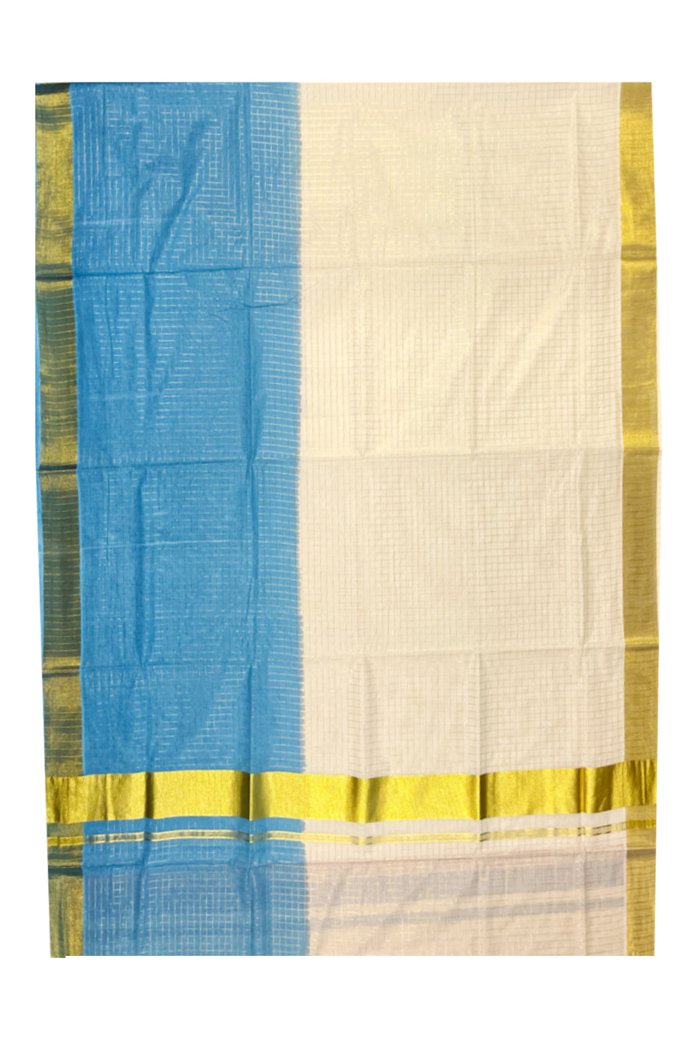 Southloom Cotton Tie & Dye - Half & Half Blue Design Saree with Kasavu Checks Across Body