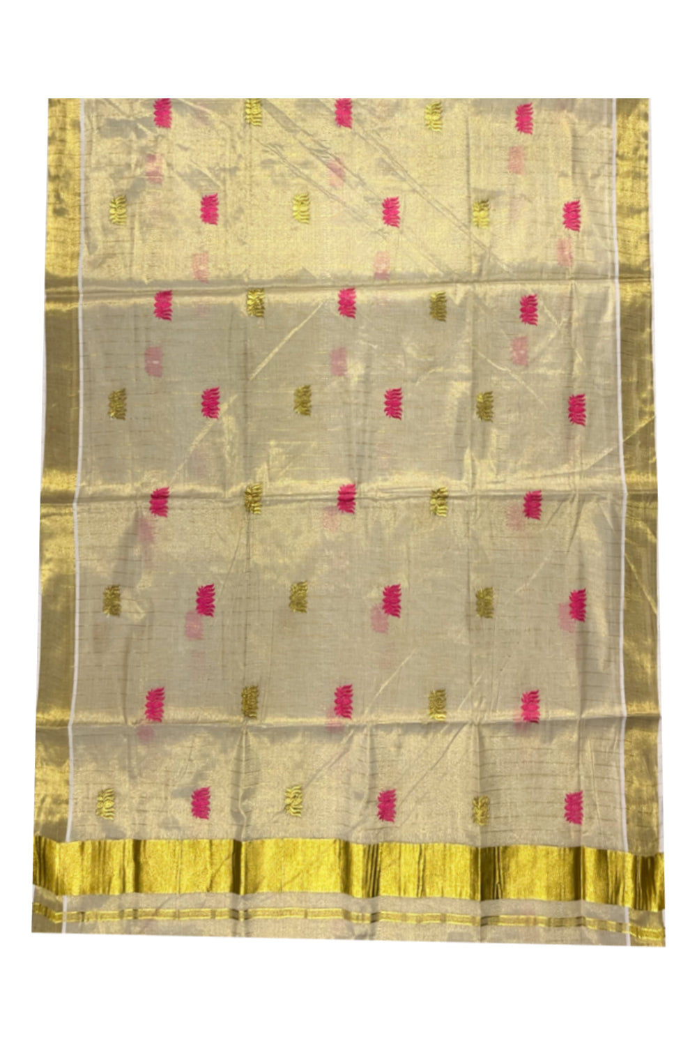 Kerala Tissue Kasavu Lines Saree with Pink And Golden Lotus Embroidery Works