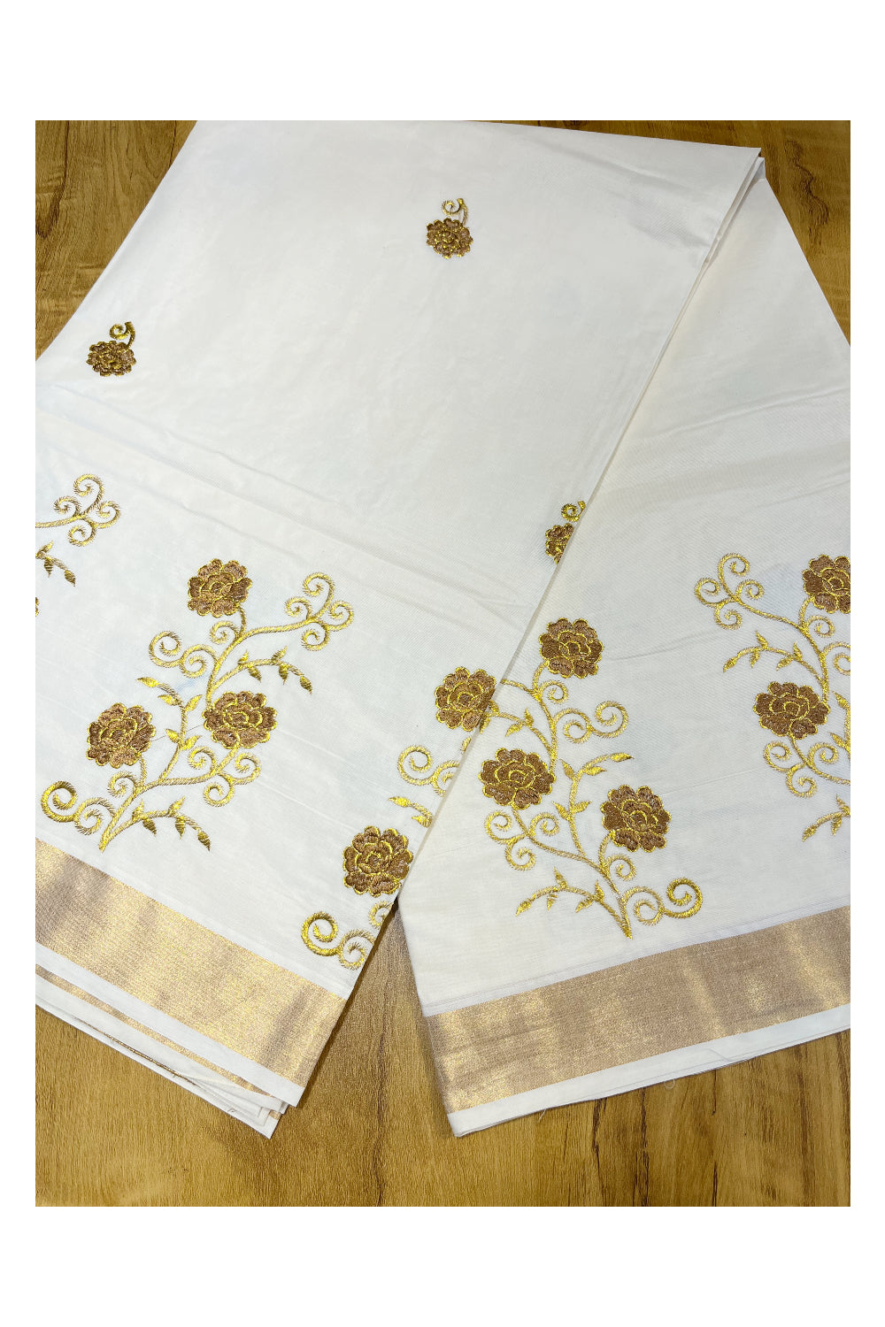 Southloom Kerala Kasavu Saree with Brown and Gold Floral Embroidery