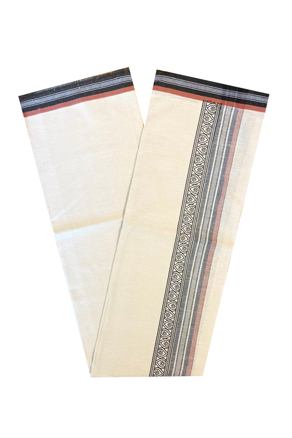 Southloom Off White And Black Brown Printed Single Mundu / Otta Mundu / Lungi (South Indian Kerala Dhoti)