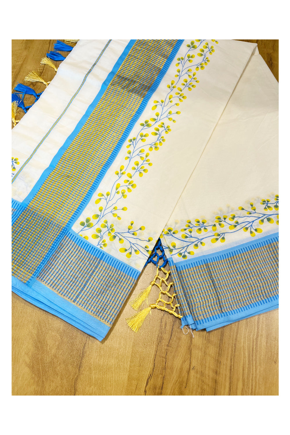 Southloom Blue Floral Print Saree with Kasavu Check Borders