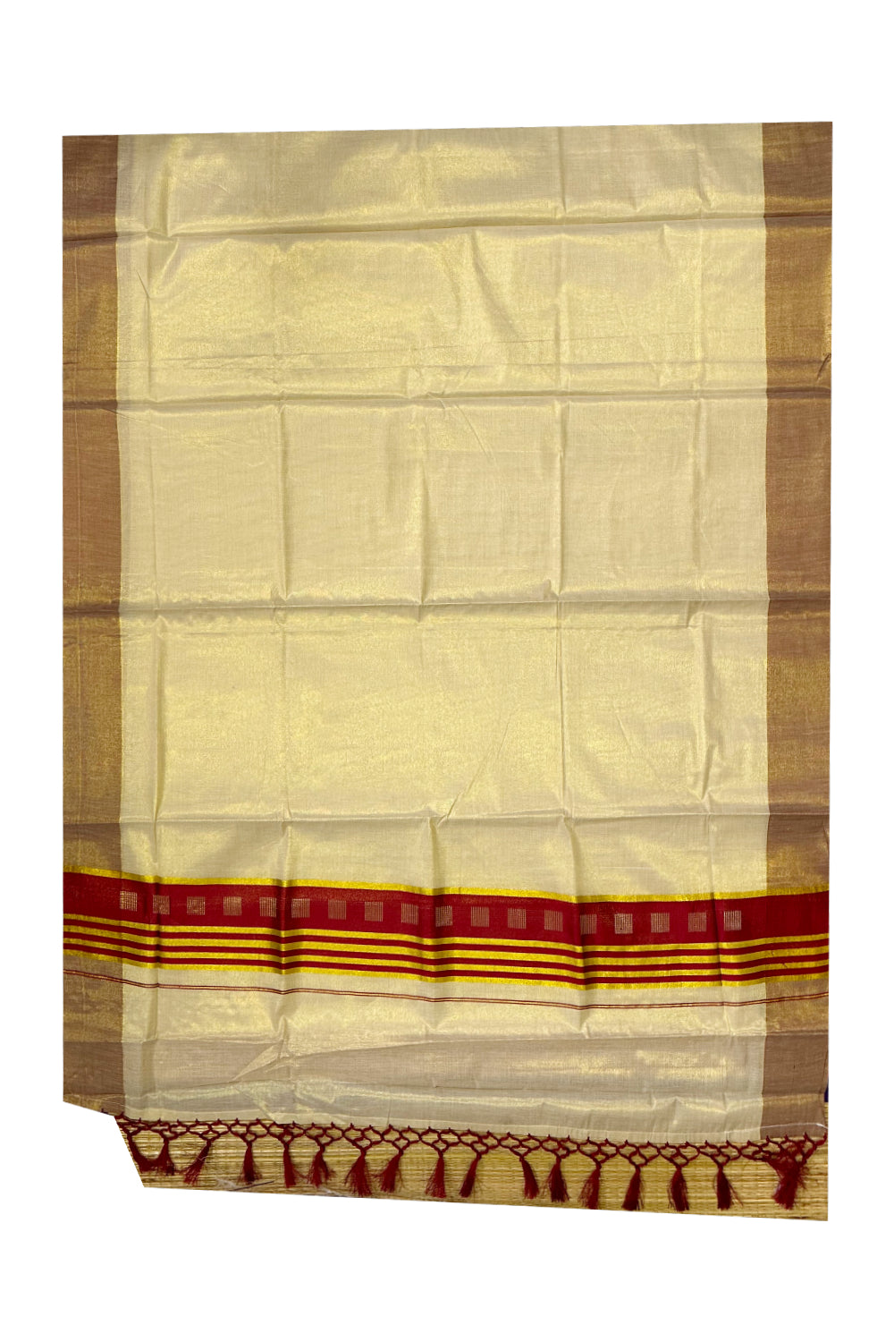 Kerala Tissue Saree with Kasavu Maroon Border and Tassels Works on Pallu (Onam Saree 2023)