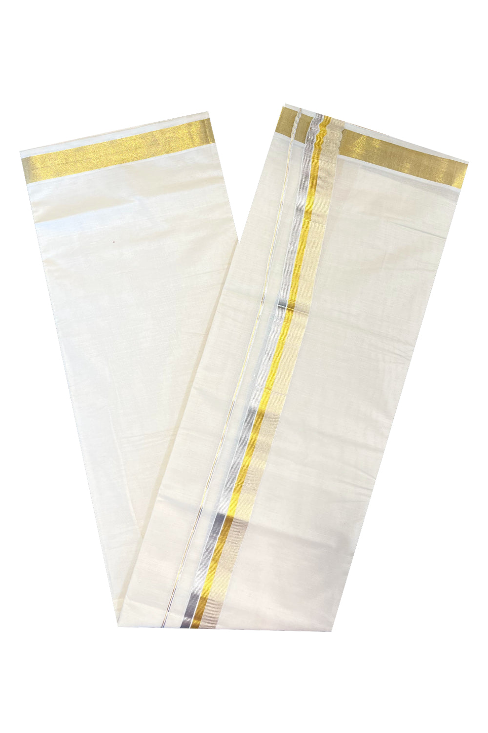 Kerala Pure Cotton Double Mundu with Silver and Golden Kasavu Border (South Indian Kerala Dhoti)