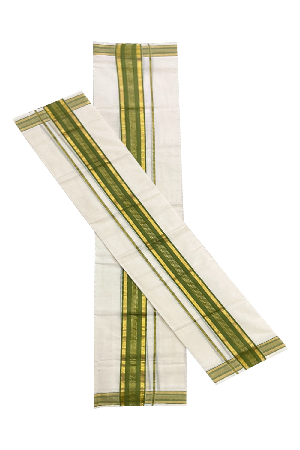 Pure Cotton Handloom Premium Kasavu Set Mundu (Mundum Neriyathum) with Green and Kasavu Border