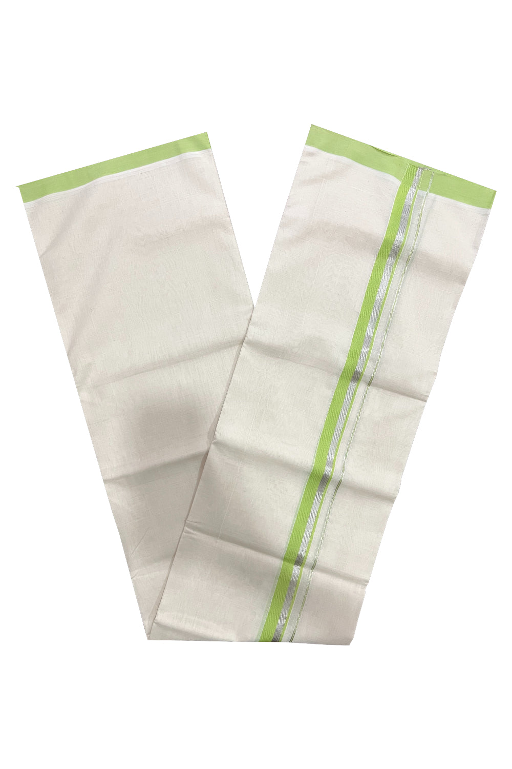 Southloom Premium Balaramapuram Unakkupaavu Handloom Mundu with Light Green and Silver Border (South Indian Kerala Dhoti)