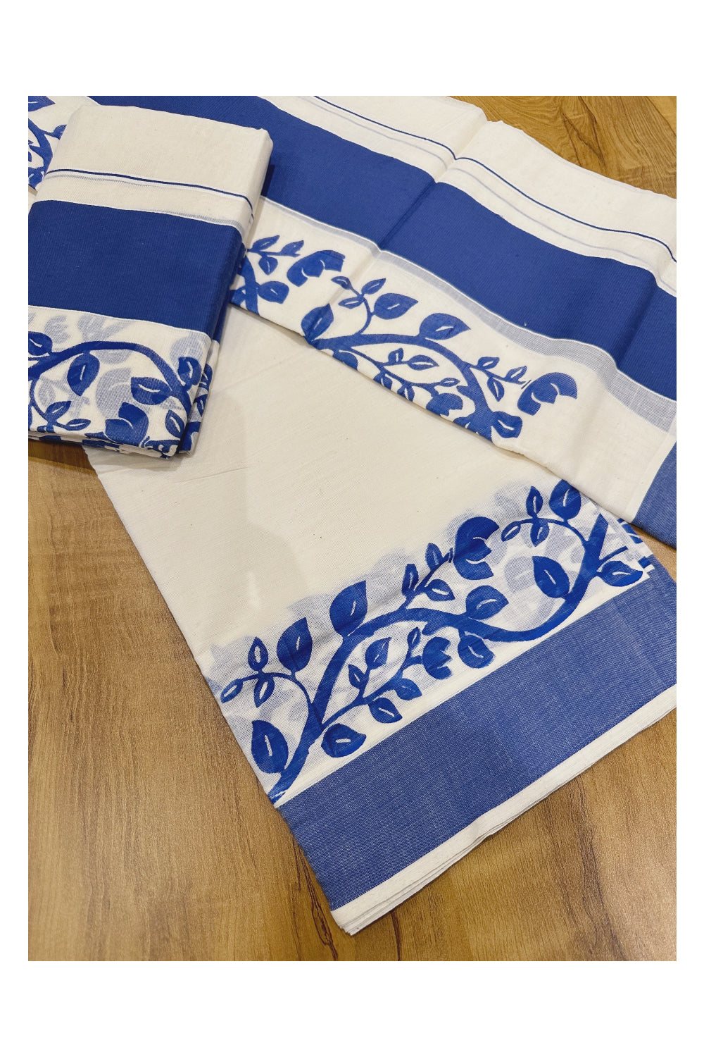 Southloom Original Design Single Set Mundu (Mundum Neriyathum) with Blue Floral Vines Block Print 2.80 Mtrs (Onam Set Mundu 2023)