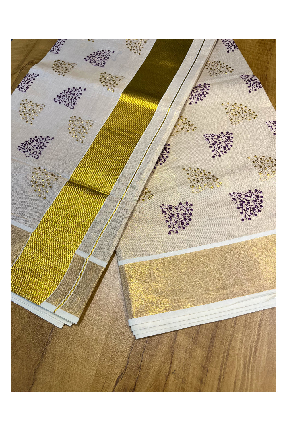 Southloom Kerala Tissue Kasavu Saree with Violet and Gold Floral Embroidery Design on Body