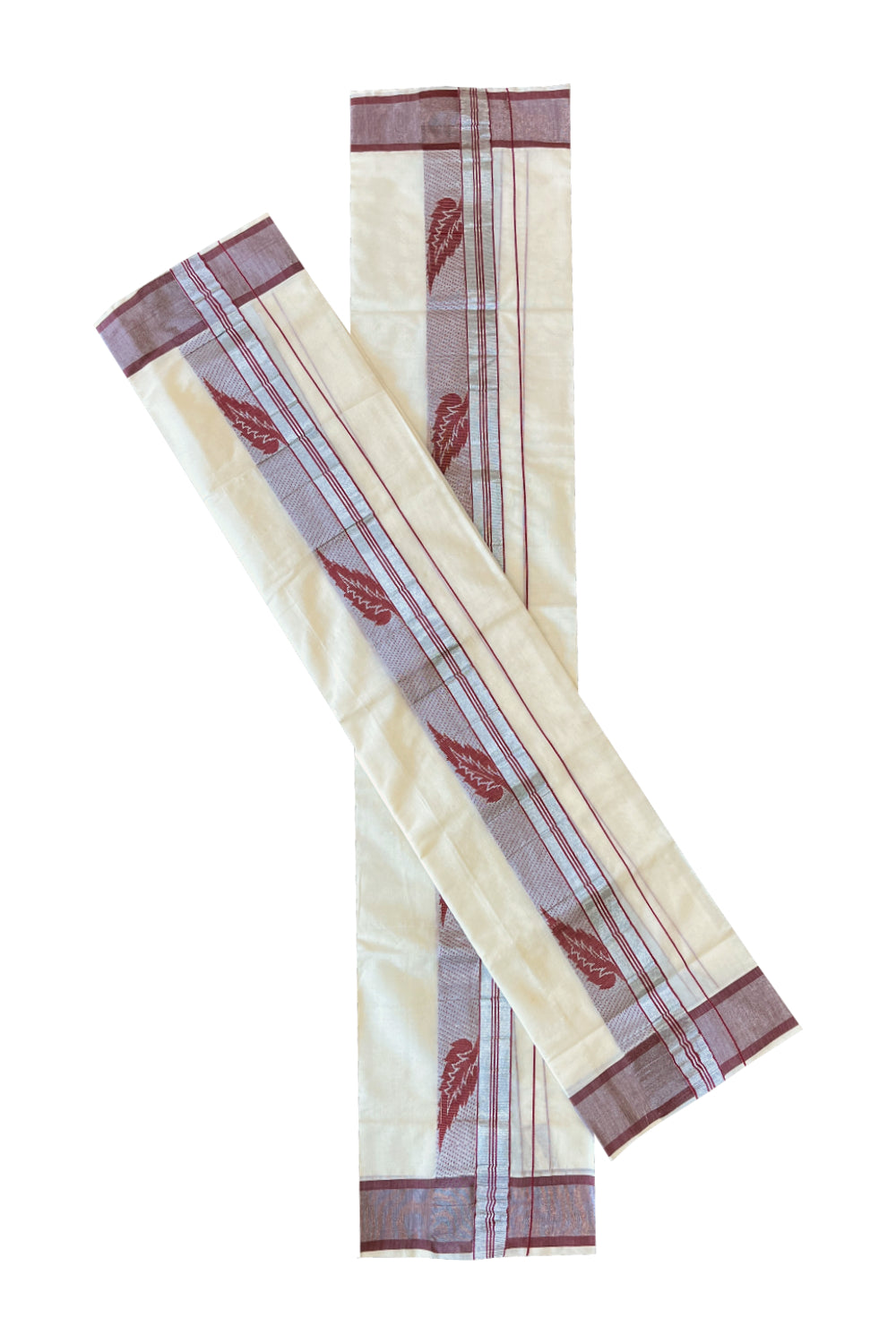 Cotton Set Mundu (Mundum Neriyathum) with Maroon Leaf Woven Works and Silver Kasavu Border