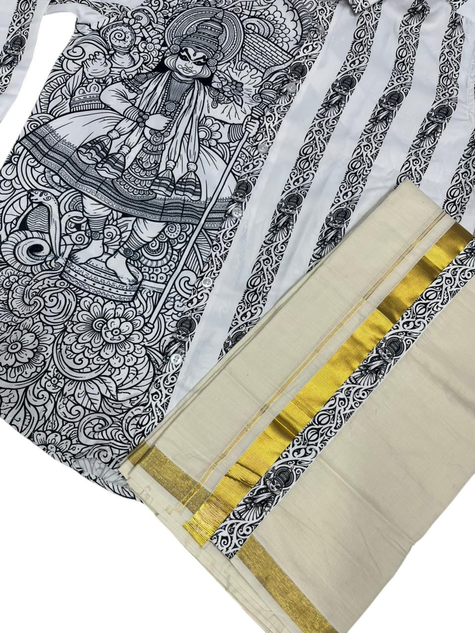 Southloom Premium Satin Kathakali Digital Print Design Men's Combo  (Shirt + Mundu) SL576