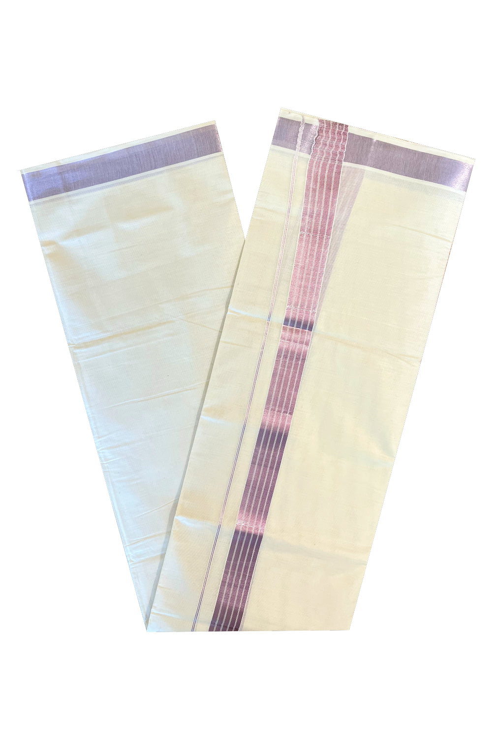 Off White Kerala Cotton Double Mundu with Rose Copper Kasavu Lines Border (South Indian Dhoti)