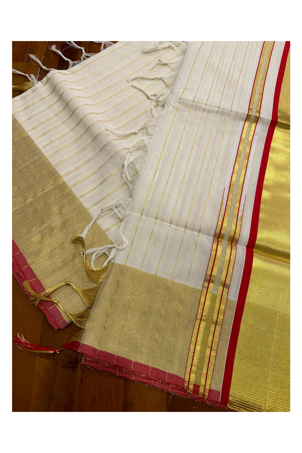 Southloom™ Handloom Kerala Saree with Kasavu Lines Across Body and Red Border (Onam Saree 2023)