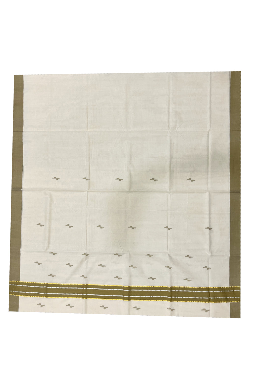 Southloom Premium Balaramapuram Unakkupaavu Handloom Cotton Butta Saree with Olive Brown and Kasavu Border (Vishu 2024 Collection)