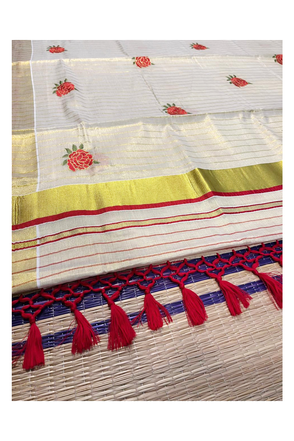 Southloom Kerala Tissue Kasavu Lines Saree with Red Floral Embroidery Works