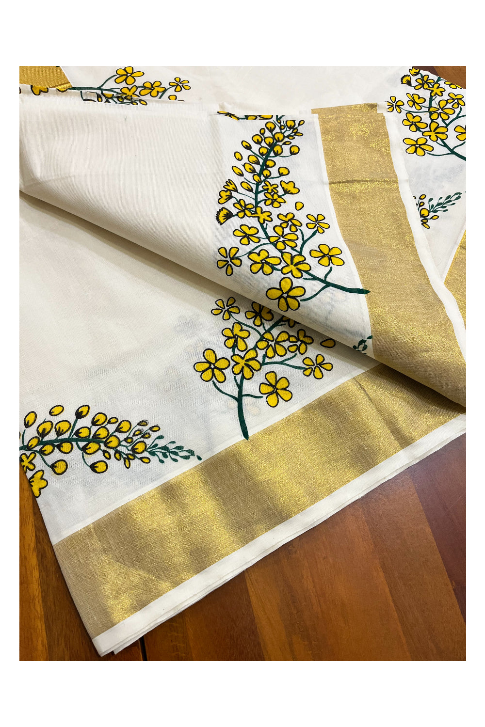 Pure Cotton Kerala Kasavu Saree with Floral Prints on Body