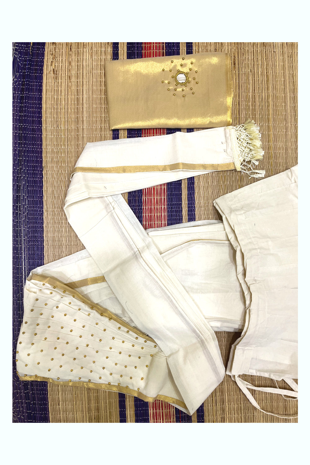 Semi Stitched Pure Cotton Kasavu Dhavani Set with Bead Work Pavada and Golden Blouse Piece