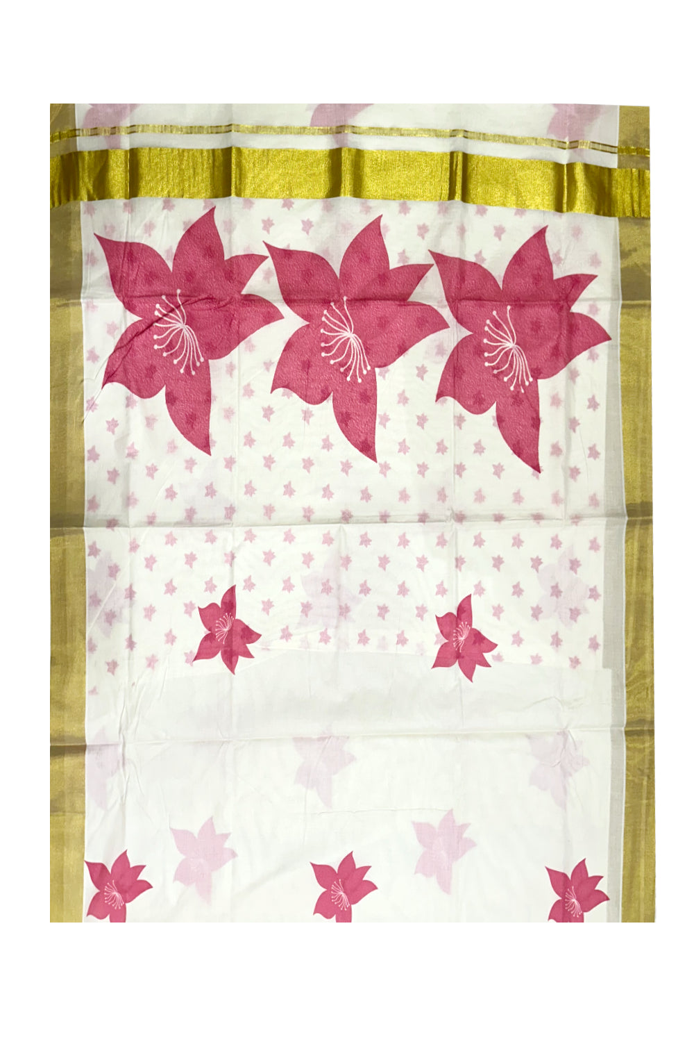 Southloom Exclusive Onam Kasavu Saree with Pink Floral Print Across Body in High Quality (Matching Printed Blouse Included)