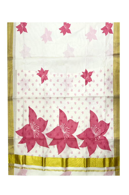 Southloom Exclusive Onam Kasavu Saree with Pink Floral Print Across Body in High Quality (Matching Printed Blouse Included)