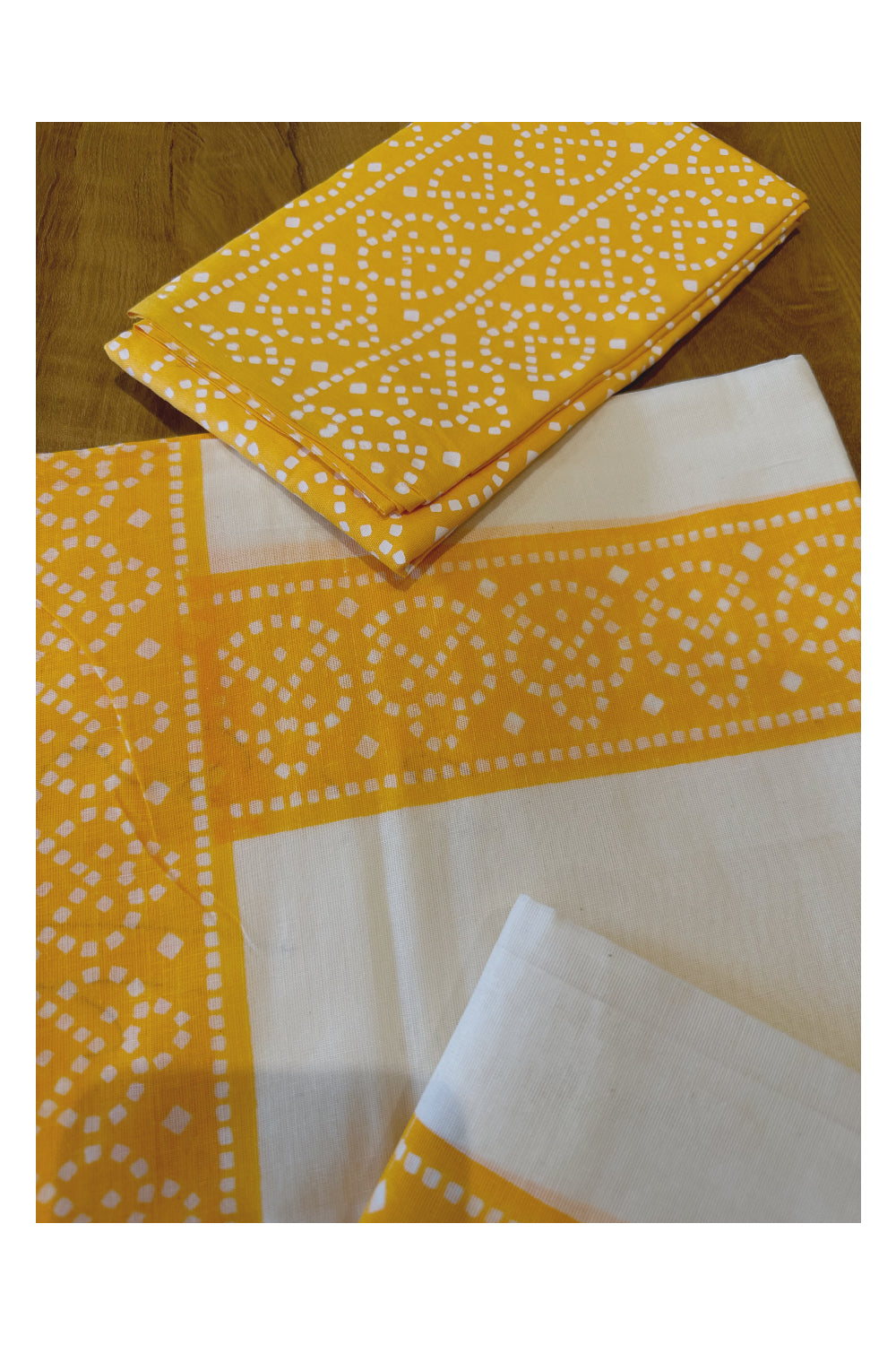 Kerala Cotton Set Mundu (Mundum Neriyathum) with Yellow Block Prints and Seperate Blouse Piece (Onam Set Mundu 2023)