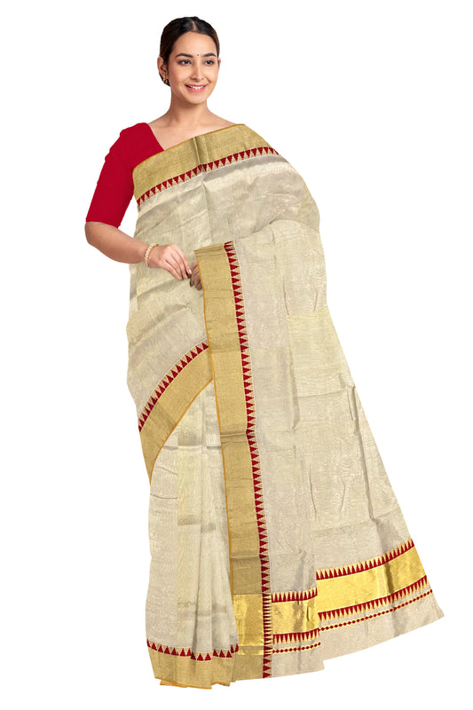 Southloom™ Premium Balaramapuram Handloom Tissue Saree with Red Temple Border