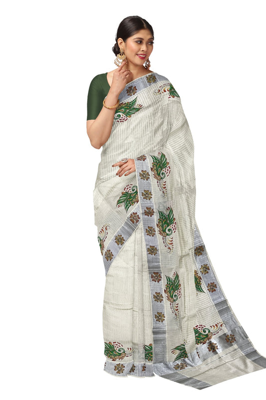 Pure Cotton Kerala Saree with Silver Lines and Mural Prints on Body