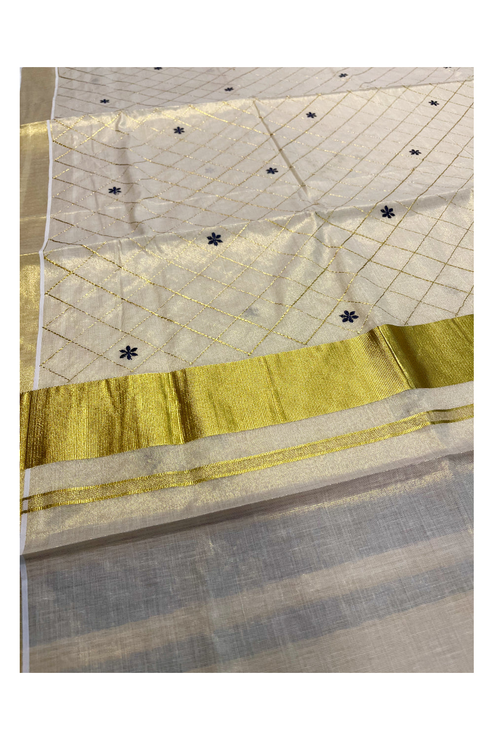 Kerala Tissue Kasavu Check Saree with Blue Flower Embroidery Works