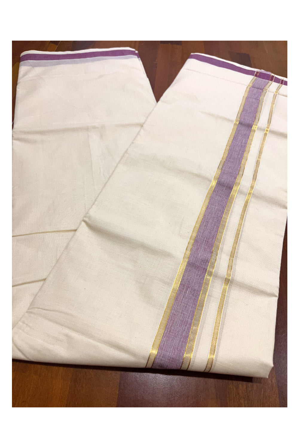 Kerala Cotton Double Mundu with Purple and Kasavu Border (Onam Mundu 2023)