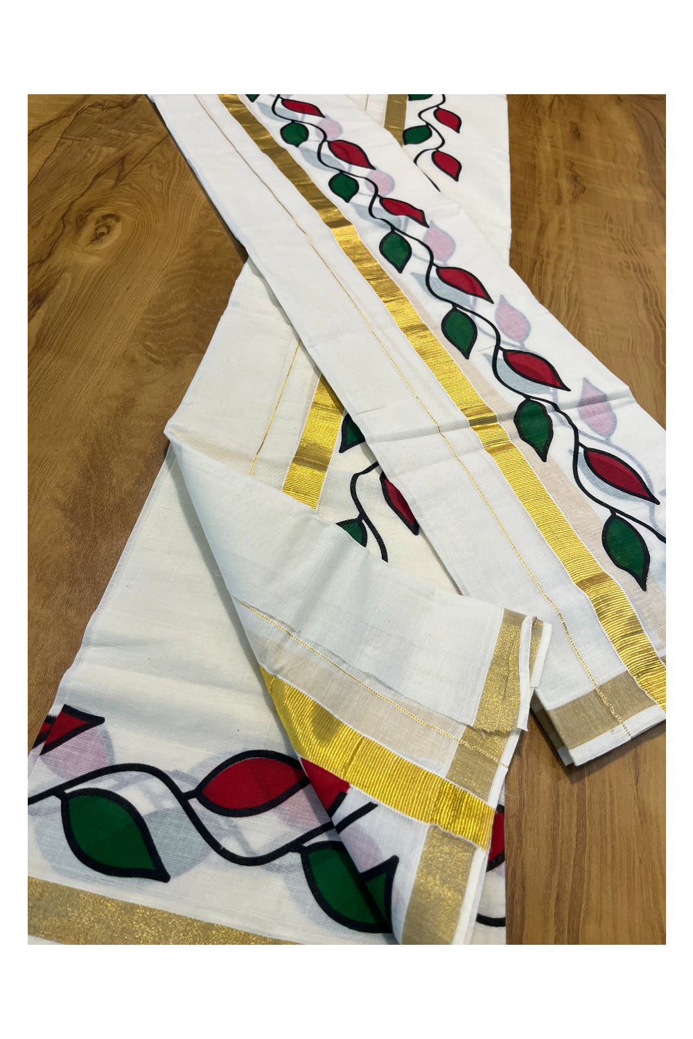 Pure Cotton Set Mundu (Mundum Neriyathum) with Red and Green Leaf Prints on Kasavu Border(2.80M)