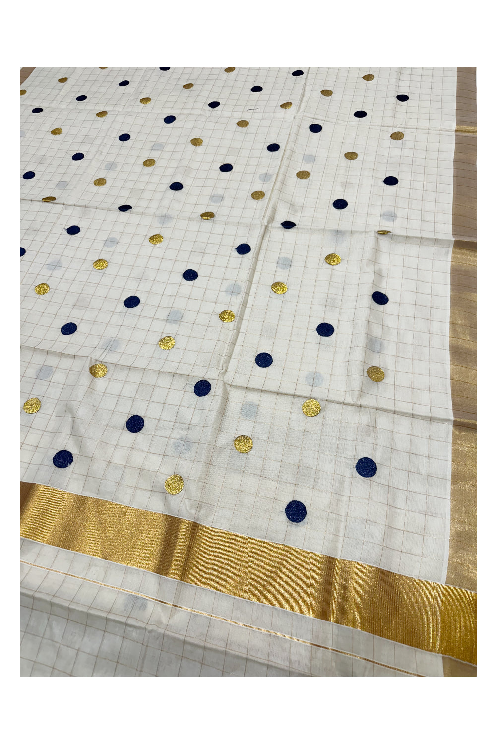 Southloom Kerala Check Saree with Woven Polka Dots in Kasavu and Blue Colour