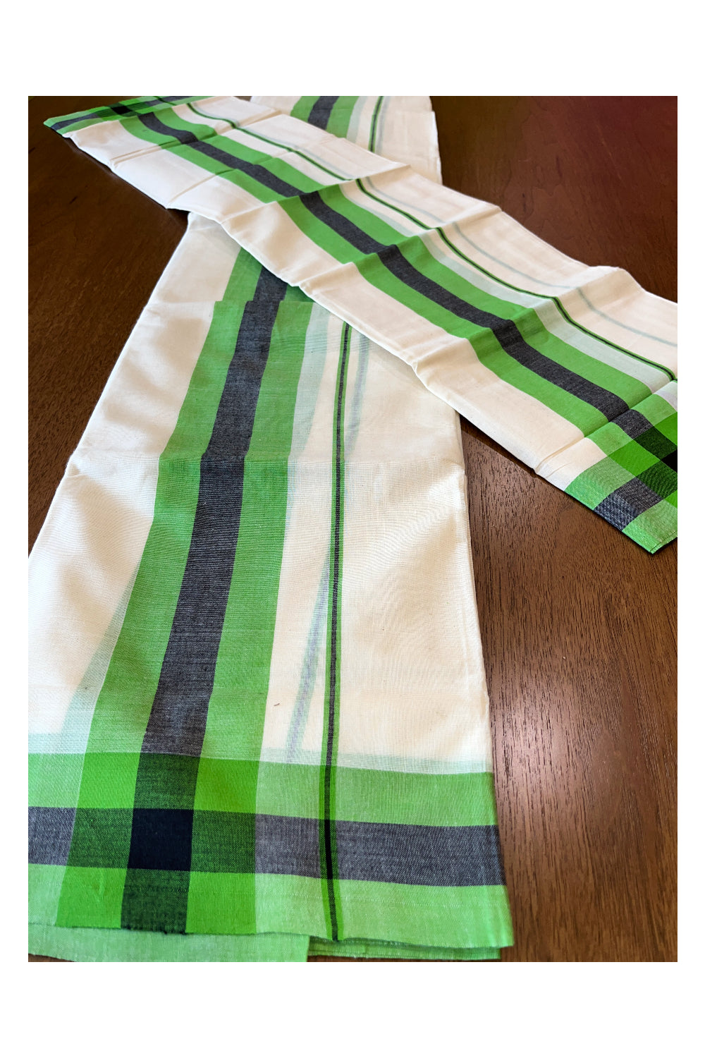 Cotton Mulloth Mundum Neriyathum Double (Set Mundu) with Green and Black Border