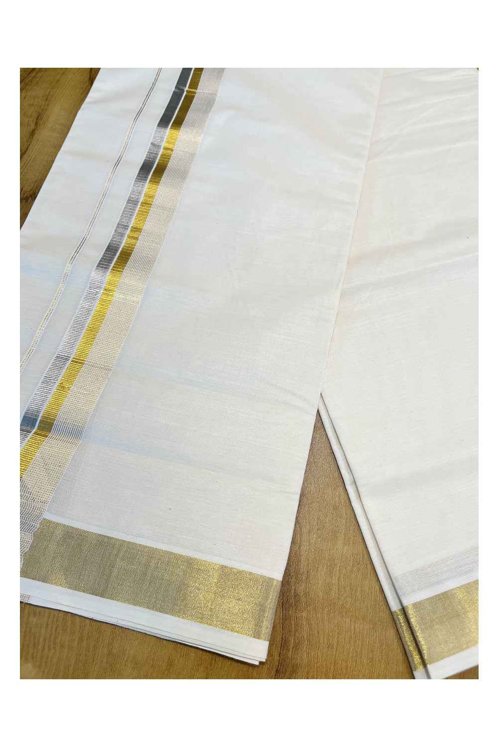 Kerala Pure Cotton Double Mundu with Silver and Golden Kasavu Border (South Indian Kerala Dhoti)