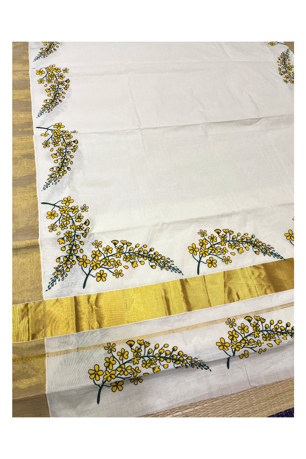 Pure Cotton Kerala Kasavu Saree with Floral Prints on Body