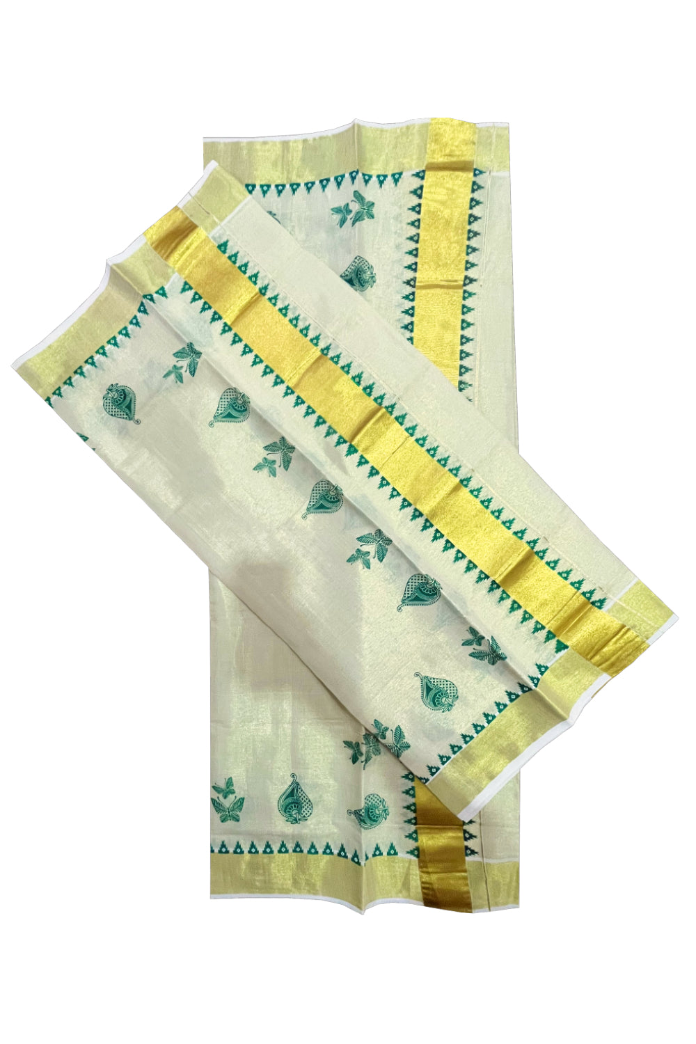 Kerala Tissue Single Set Mundu (Mundum Neriyathum) with Green Block Prints and Temple Border 2.80 Mtrs