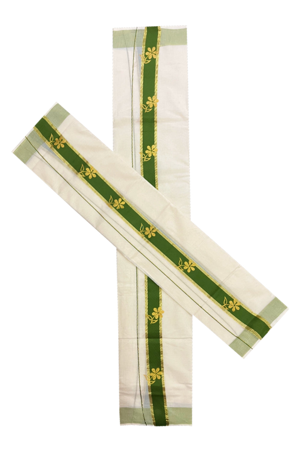 Cotton Single Set Mundu (Mundu Neriyathum) with Golden Floral Block Prints on Green Border (Onam Set Mundu 2023)