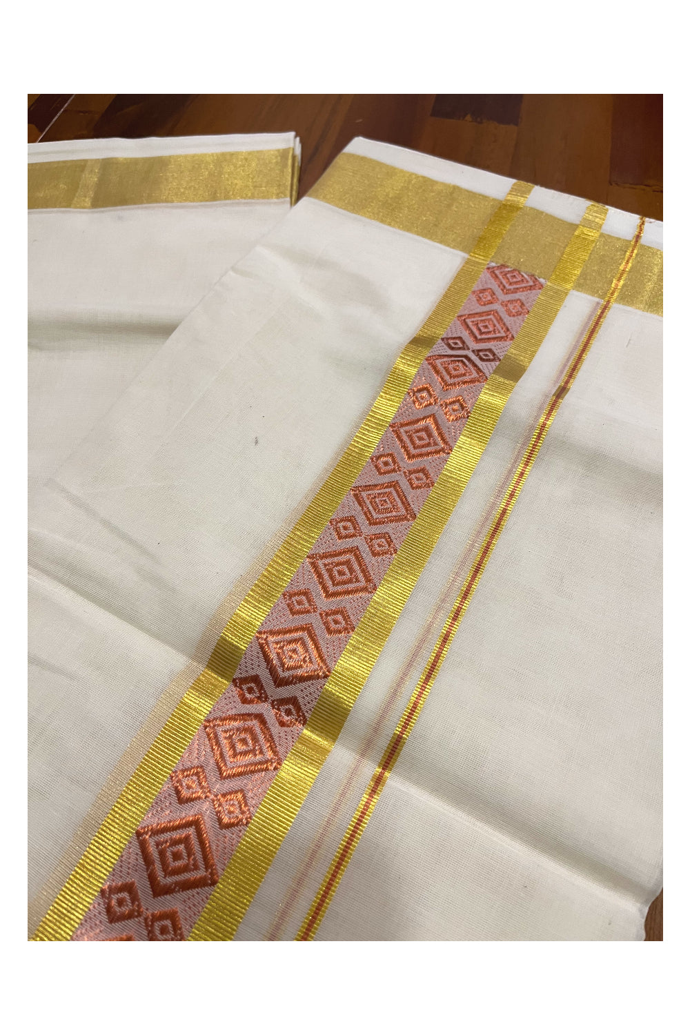 Southloom Premium Handloom Pure Cotton Mundu with Golden and Copper Kasavu Woven Border (Onam Mundu 2023)