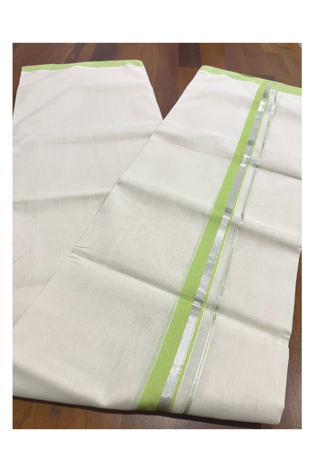 Southloom Premium Balaramapuram Unakkupaavu Handloom Mundu with Light Green and Silver Border (South Indian Kerala Dhoti)