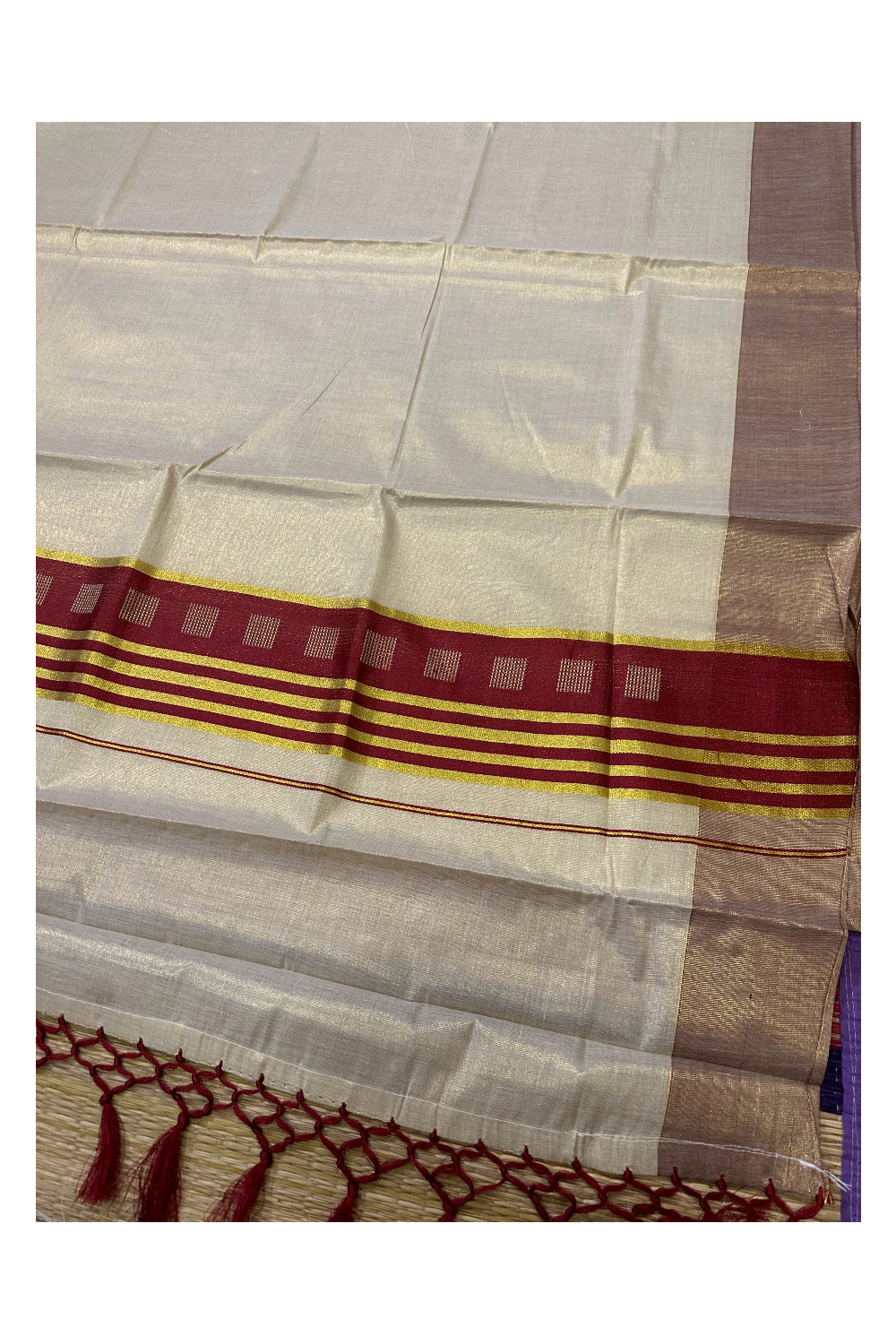 Kerala Tissue Saree with Kasavu Maroon Border and Tassels Works on Pallu (Onam Saree 2023)