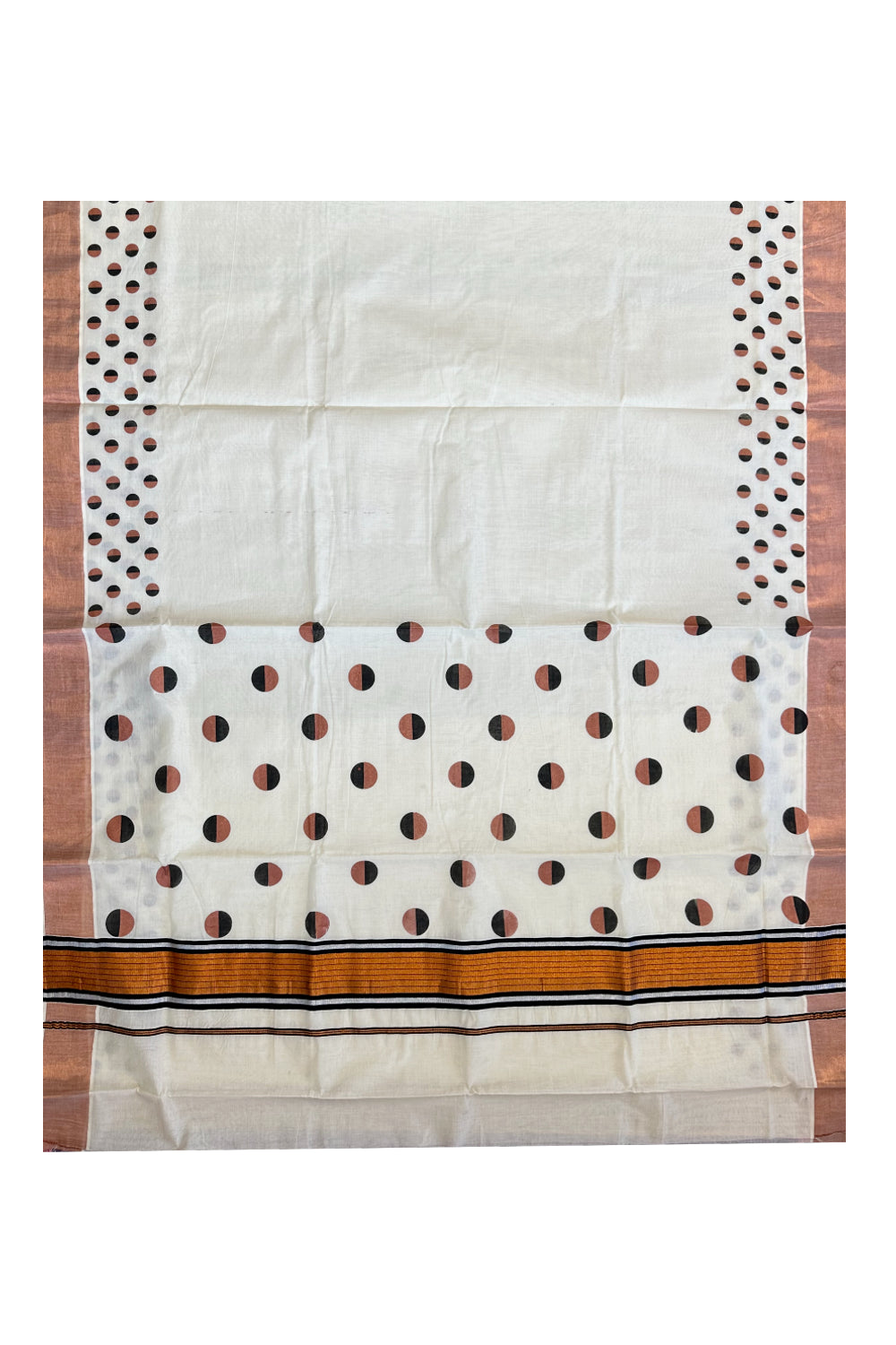 Pure Cotton Kerala Polka Saree with Silver Copper Kasavu and Black Border