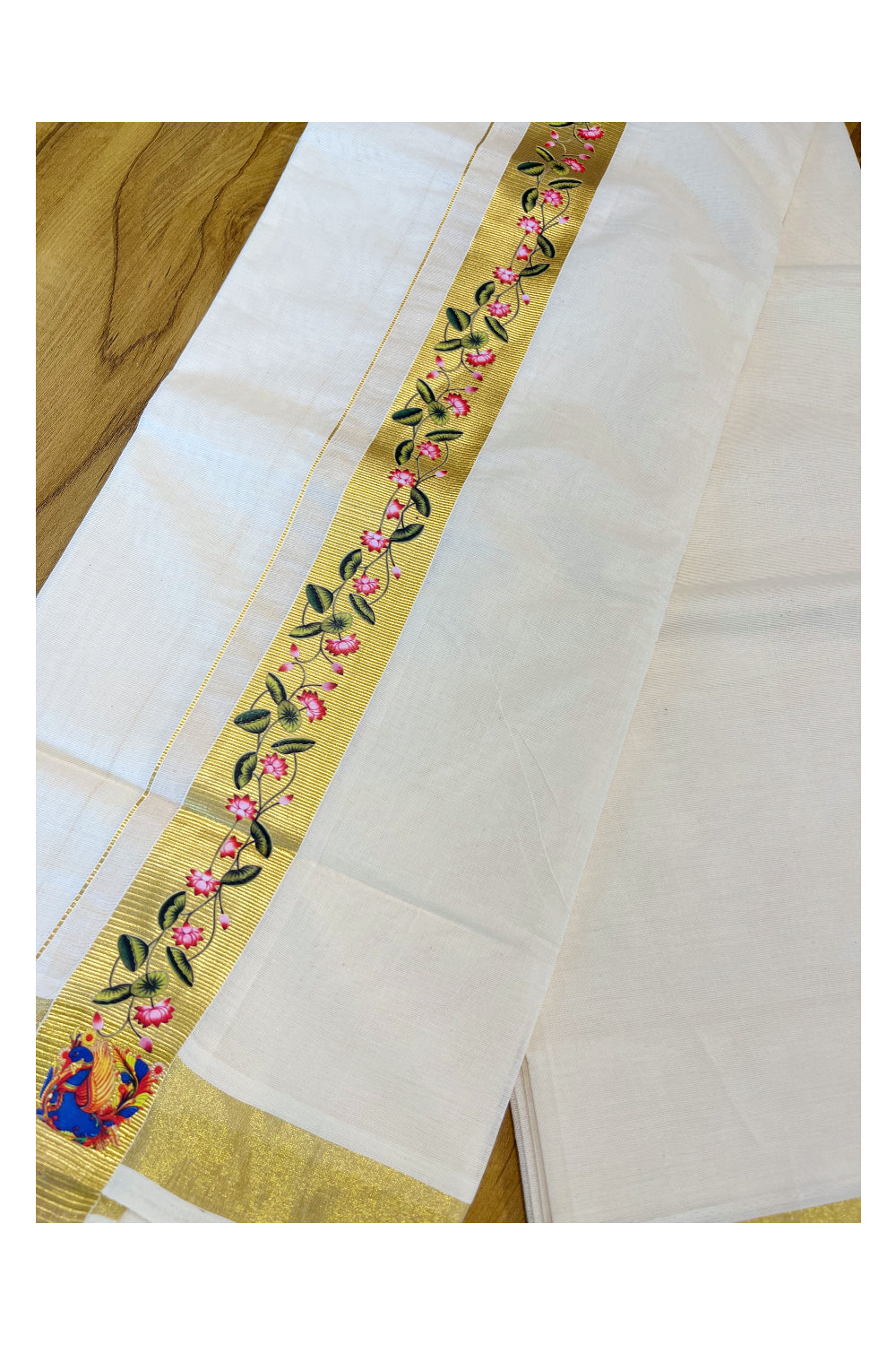 Pure Cotton Off White Double Mundu with Block Prints on Kasavu Kara (South Indian Dhoti)