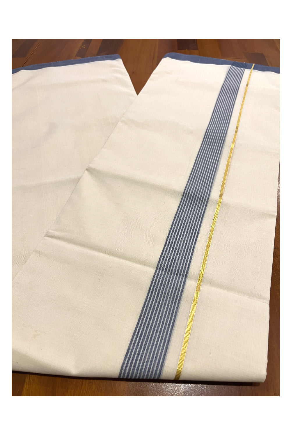 Premium Balaramapuram Unakkupaavu Handloom 10 Muzham Mundu with Kasavu and Blue Lines Border (South Indian Kerala Dhoti)